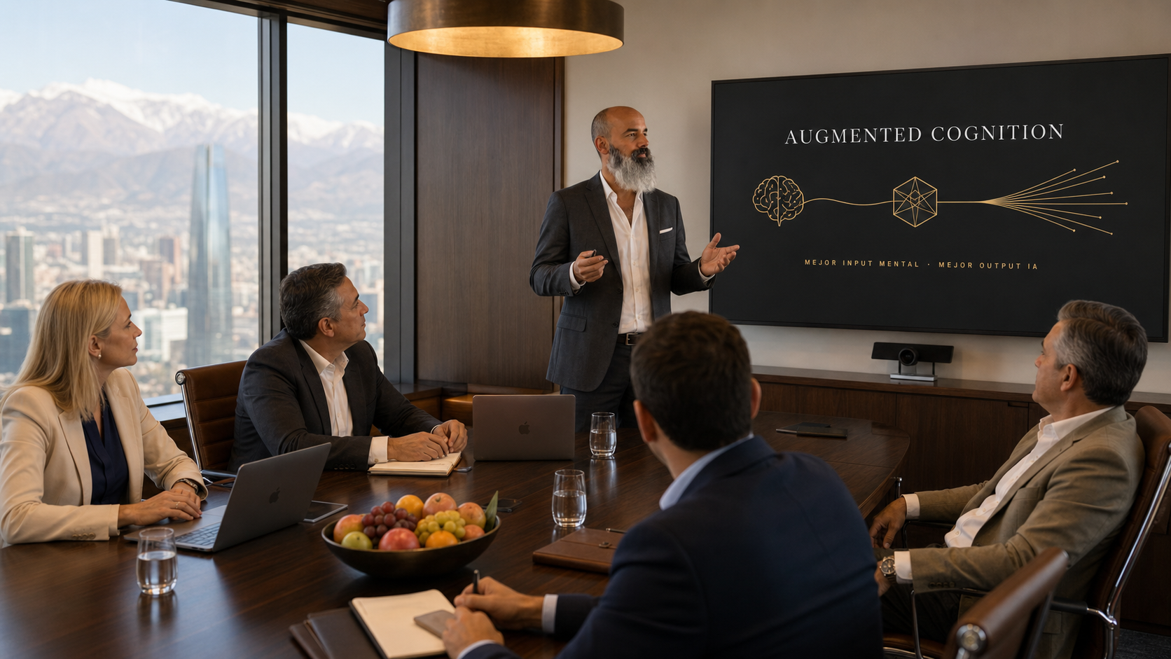 Ricardo Wechsler enseñando Augmented Cognition a un grupo de ejecutivos C-suite en Santiago Chile · pantalla con el frame del programa visible