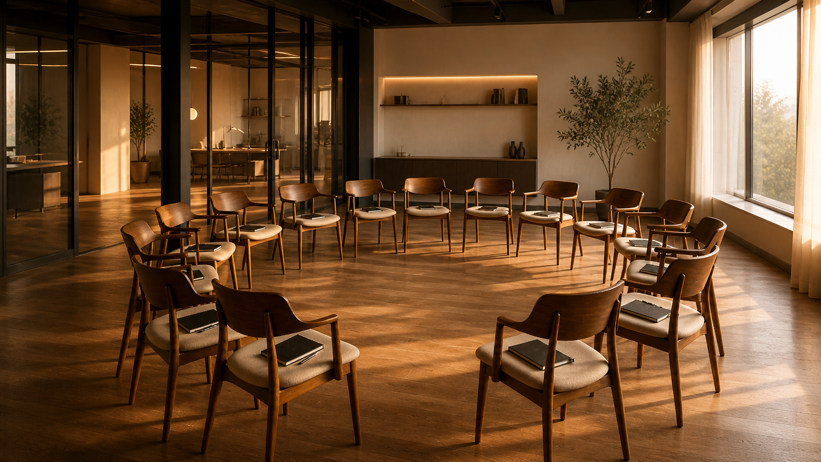 Espacio premium preparado para la cohorte Founders: 15 sillas modernas en círculo con notebooks, luz dorada de hora dorada, anticipación de cohorte ejecutiva íntima