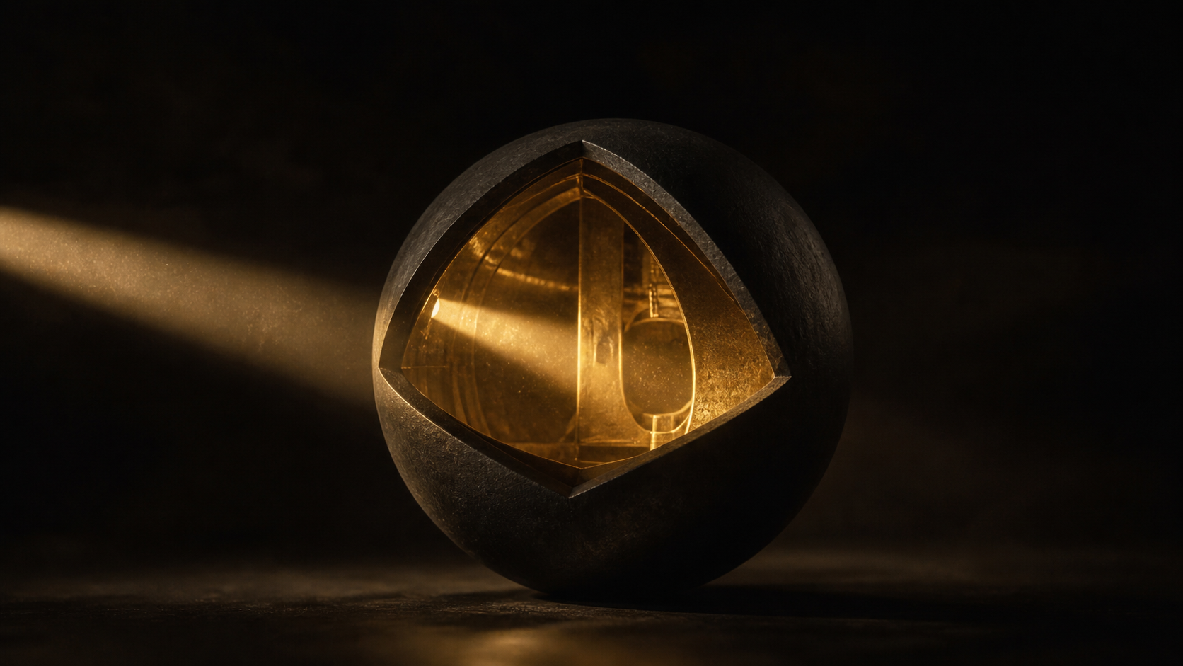 Visualización de la Inversión del Espejo: esfera oscura con interior dorado iluminado, mostrando cómo el Clon bien diseñado contiene y revela en lugar de amplificar hacia afuera