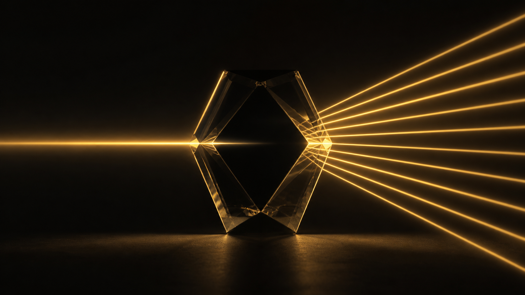 Visualización del Principio Espejo: input single de luz que pasa por prisma transparente y sale amplificado en diez rayos