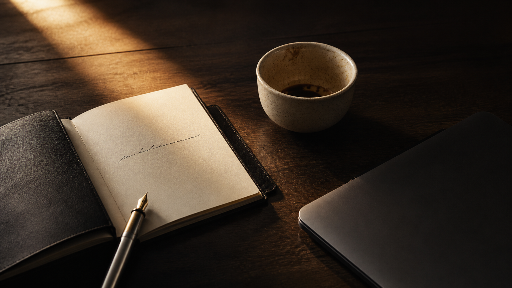 Momento de pausa ejecutiva premium: notebook abierto con escritura, taza de café ceramic, laptop cerrado, beam de luz dorada cinematográfica