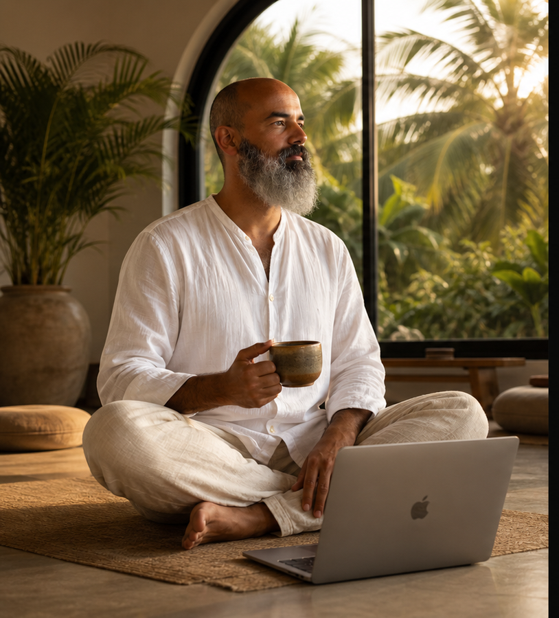 Ricardo Wechsler en estudio tropical con laptop y taza · estética yogi-tech fusion
