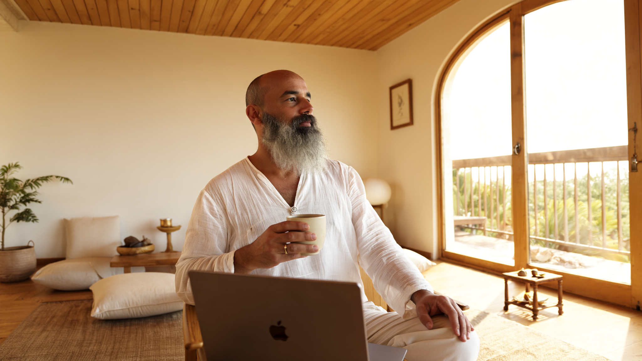 Ricardo Wechsler en su refugio creativo · ventanal arqueado con vegetación tropical, MacBook abierto, taza de chai en mano, postura contemplativa · encarnación visual de Augmented Cognition: yogi + tech + ejecutivo
